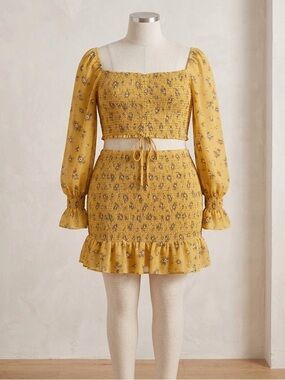 Forever 21 Yellow Floral Smocked Ruffle Mini Skirt